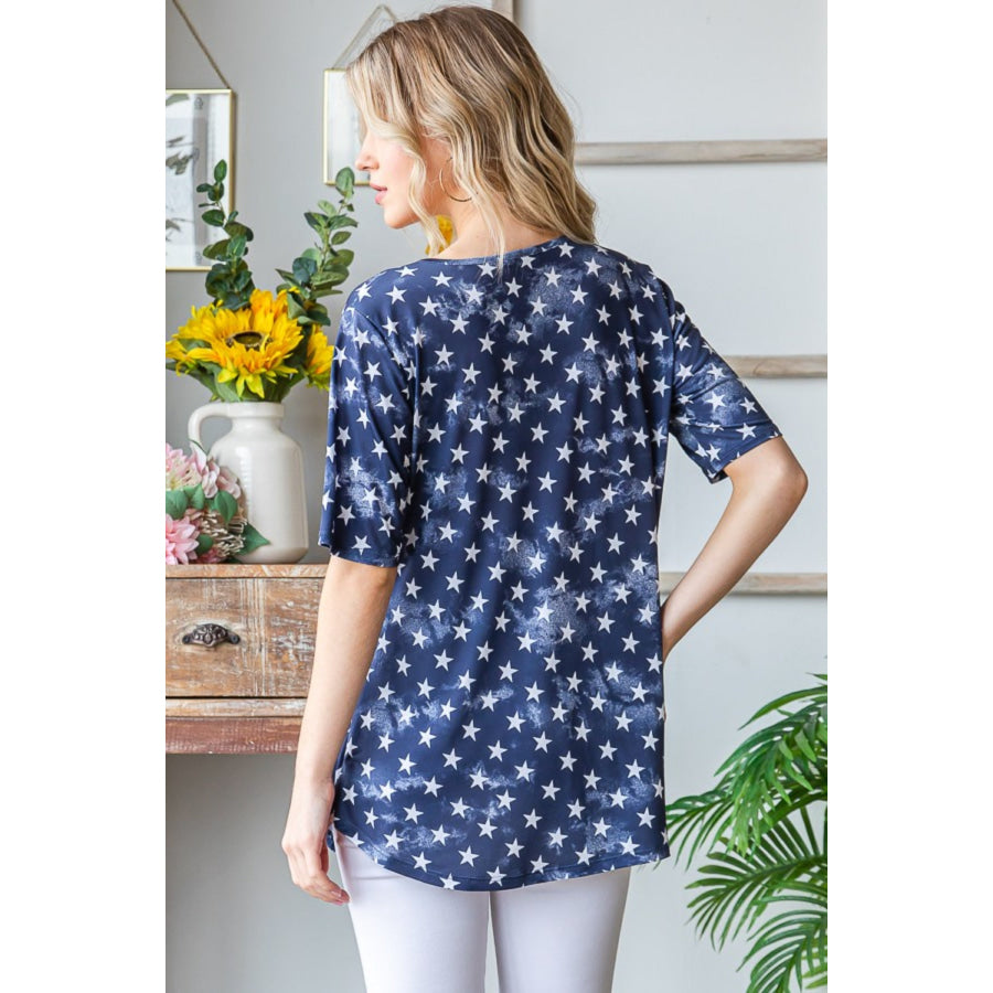 Heimish Full Size Short Sleeve Crisscross Star Babydoll Top Apparel and Accessories