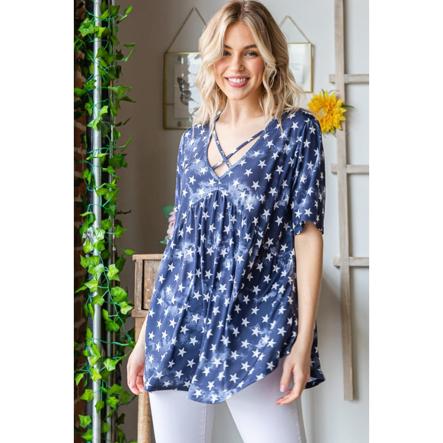 Heimish Full Size Short Sleeve Crisscross Star Babydoll Top Apparel and Accessories