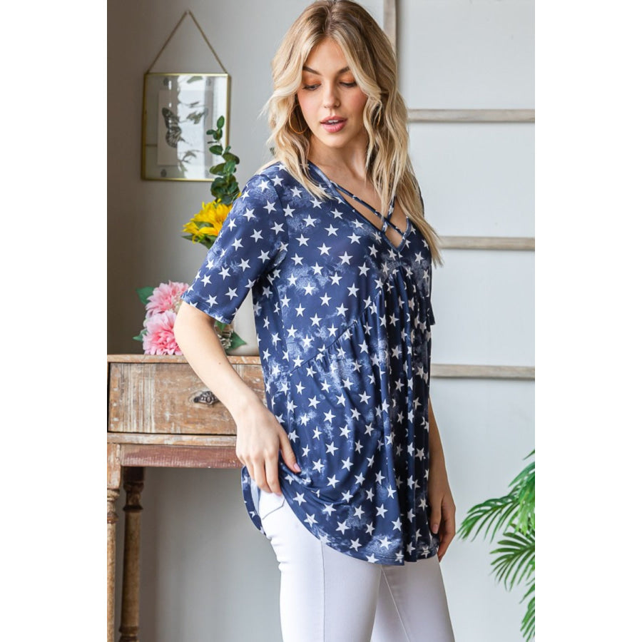 Heimish Full Size Short Sleeve Crisscross Star Babydoll Top Apparel and Accessories