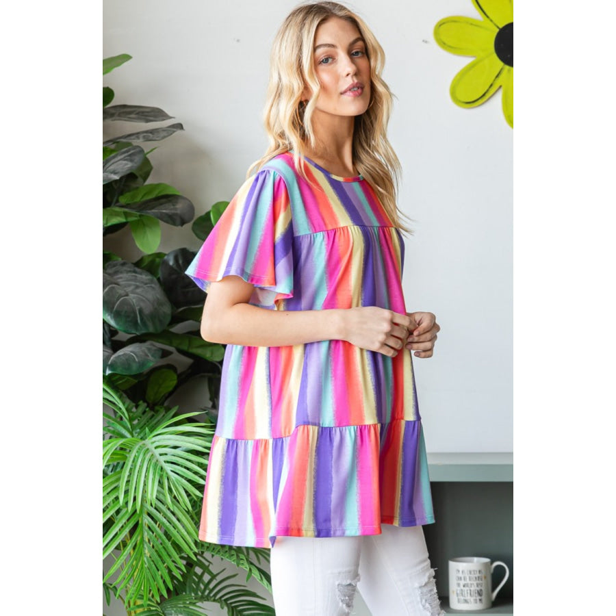 Heimish Full Size Short Sleeve Striped Tiered Top Apparel and Accessories