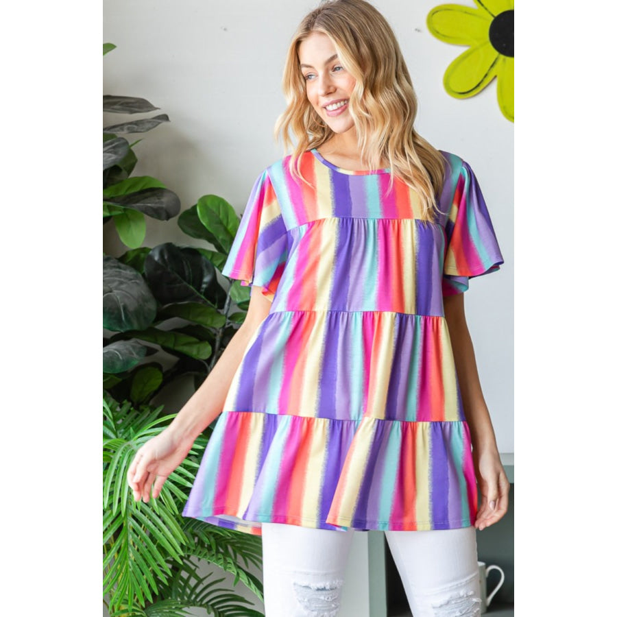 Heimish Full Size Short Sleeve Striped Tiered Top Apparel and Accessories