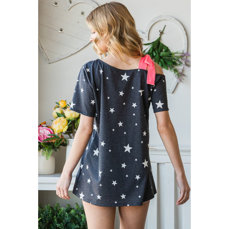 Heimish Full Size Star Print Asymmetrical Neck Short Sleeve Top CHARCOAL / S Apparel and Accessories