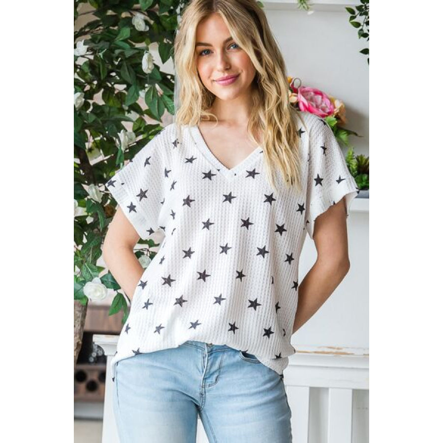 Heimish Full Size Star Print Short Sleeve V - Neck Waffle Knit T - Shirt Apparel and Accessories