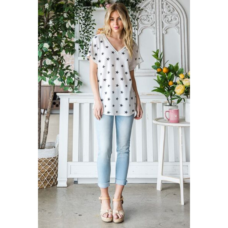 Heimish Full Size Star Print Short Sleeve V - Neck Waffle Knit T - Shirt Apparel and Accessories