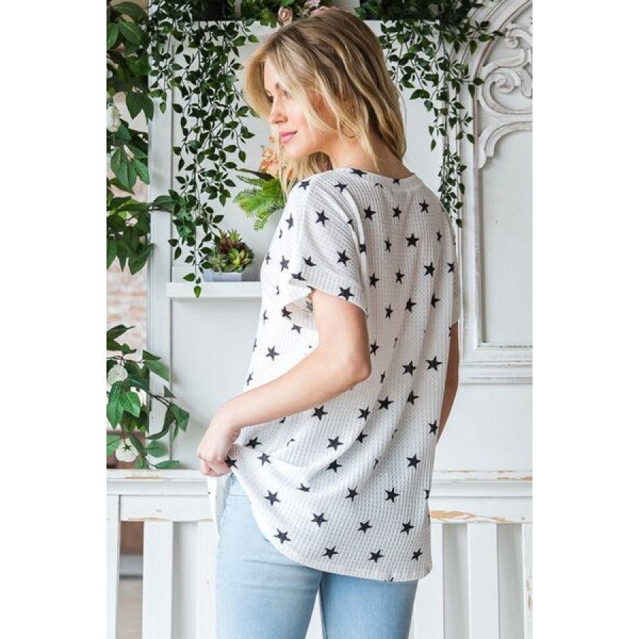 Heimish Full Size Star Print Short Sleeve V - Neck Waffle Knit T - Shirt Apparel and Accessories