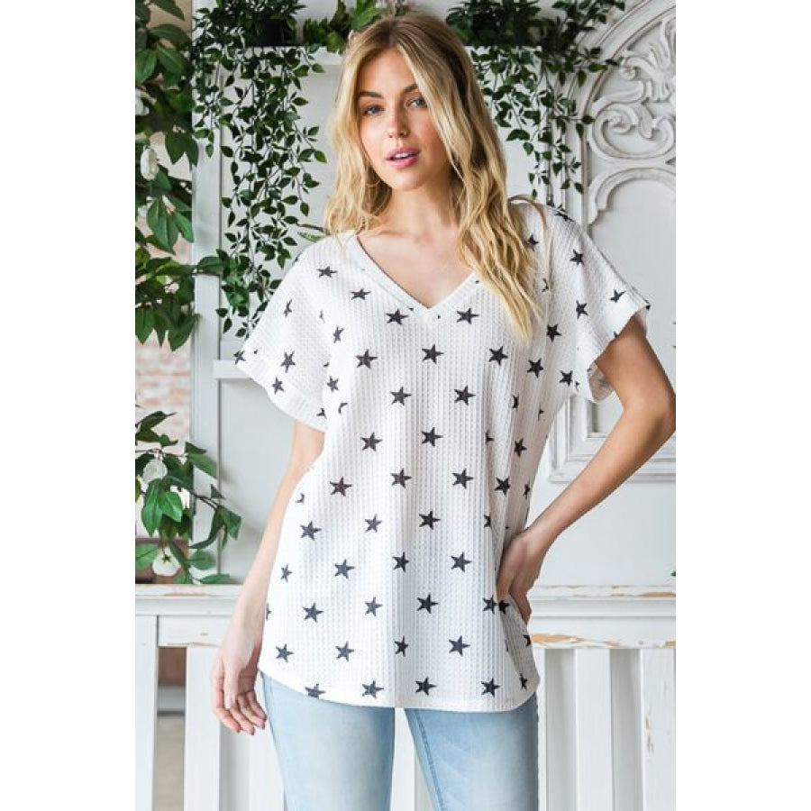 Heimish Full Size Star Print Short Sleeve V - Neck Waffle Knit T - Shirt Apparel and Accessories