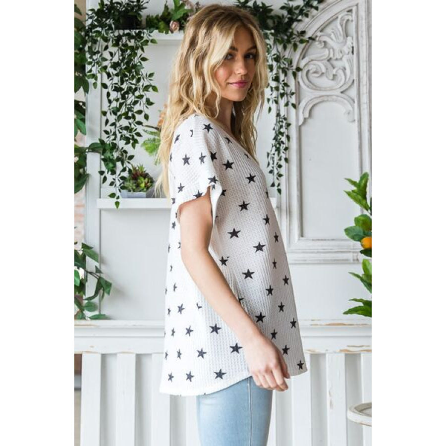 Heimish Full Size Star Print Short Sleeve V - Neck Waffle Knit T - Shirt Apparel and Accessories