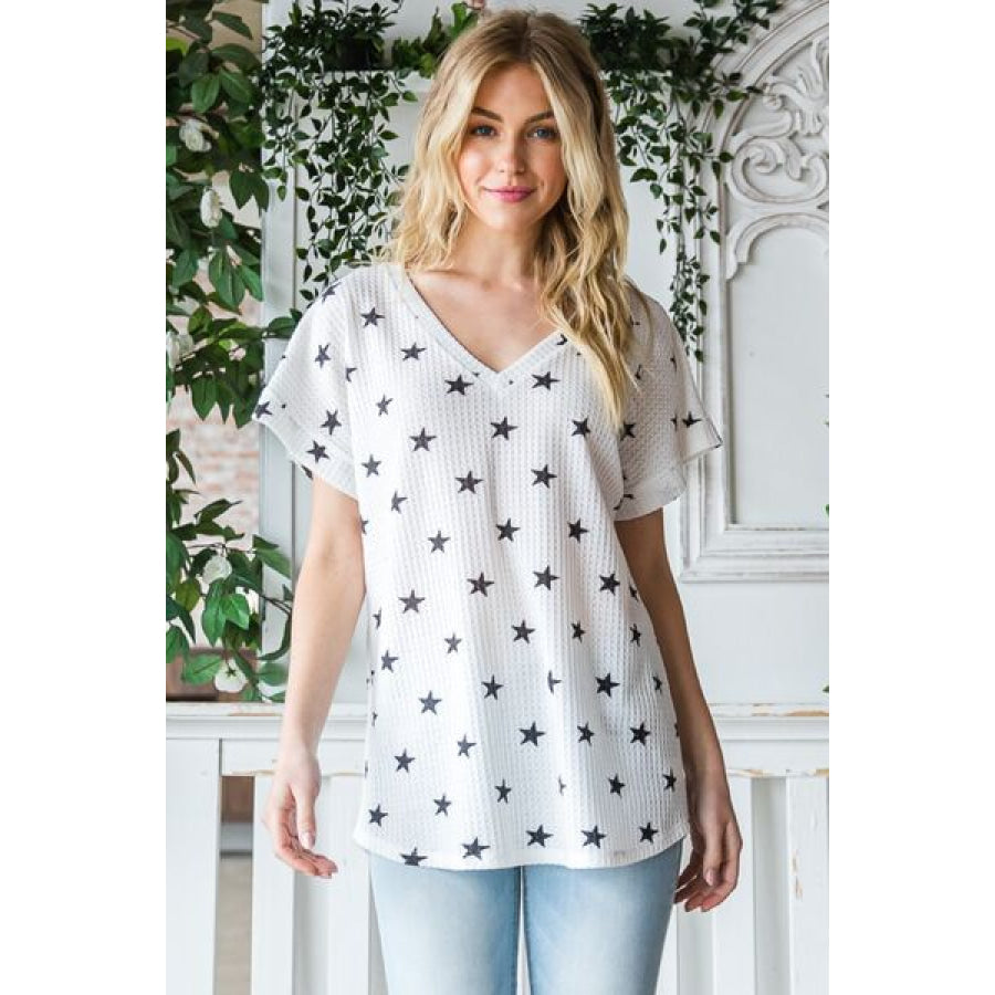 Heimish Full Size Star Print Short Sleeve V - Neck Waffle Knit T - Shirt IVORY/BLACK / S Apparel and Accessories