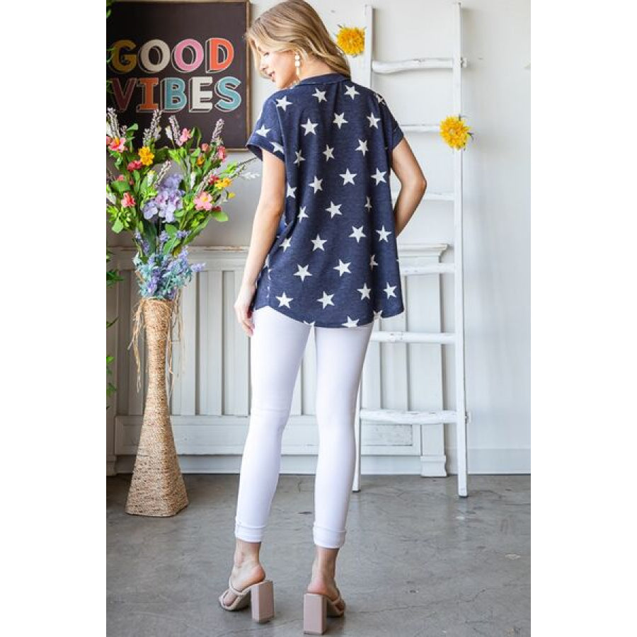 Heimish Full Size Star Print V - Neck Short Sleeve T - Shirt Apparel and Accessories