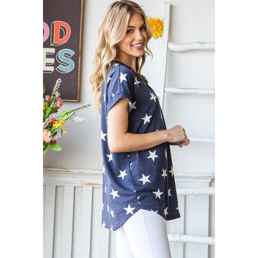 Heimish Full Size Star Print V - Neck Short Sleeve T - Shirt Apparel and Accessories