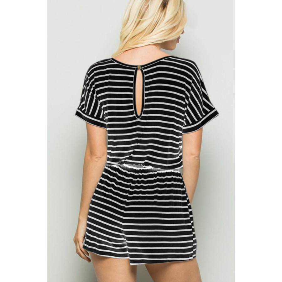 Heimish Full Size Striped Round Neck Short Sleeve Romper BLACKIVORY / S Apparel and Accessories