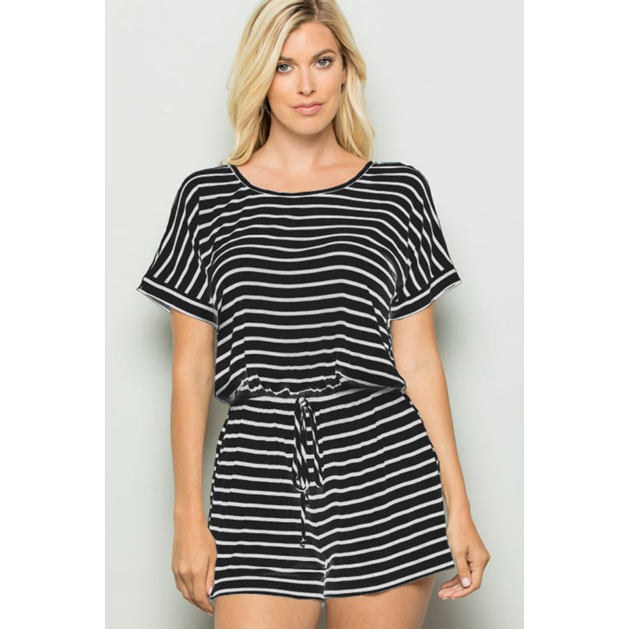 Heimish Full Size Striped Round Neck Short Sleeve Romper BLACKIVORY / S Apparel and Accessories
