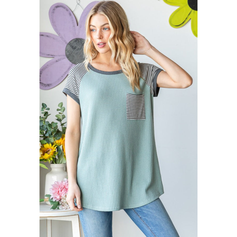 Heimish Full Size Striped Short Sleeve Waffle T-Shirt Sage / S Apparel and Accessories