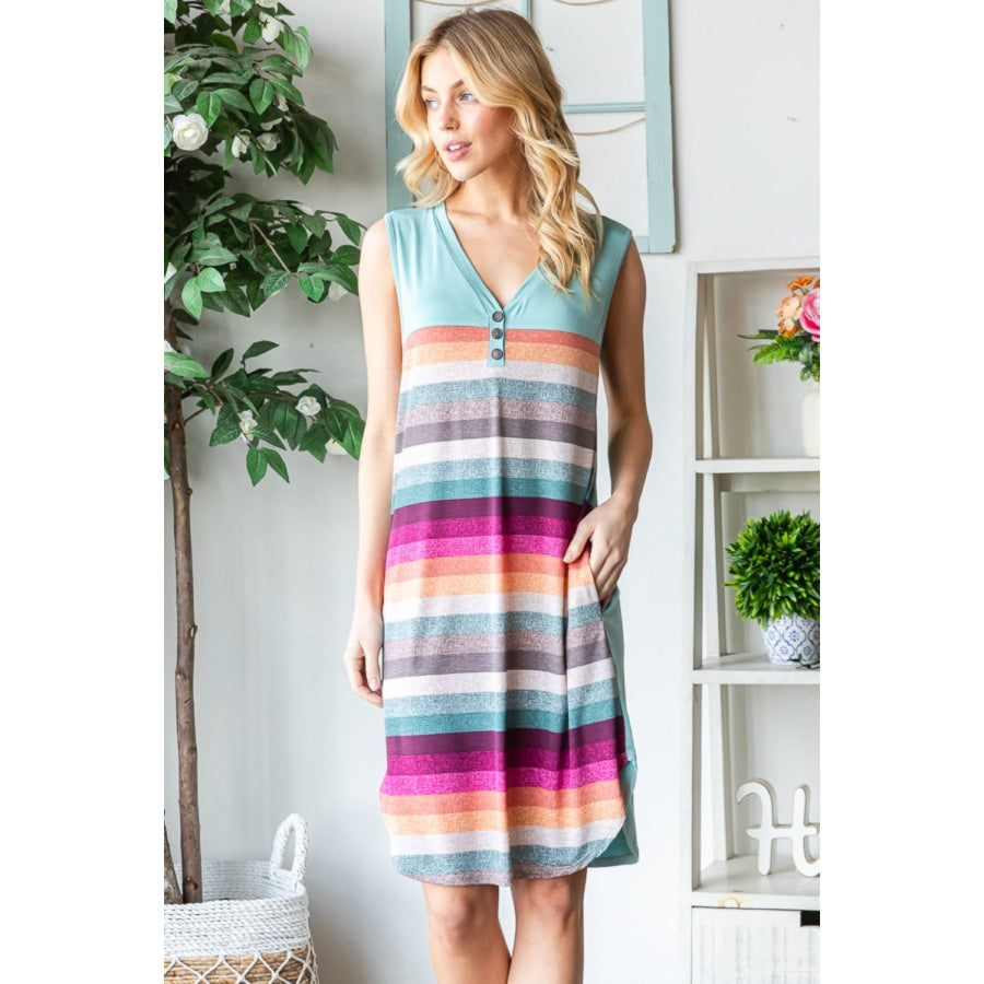 Heimish Full Size Striped Sleeveless V Neck Dress Dusty Mint / S Apparel and Accessories