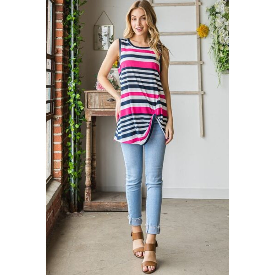 Heimish Full Size Striped Twist Knot Round Neck Tank Apparel and Accessories