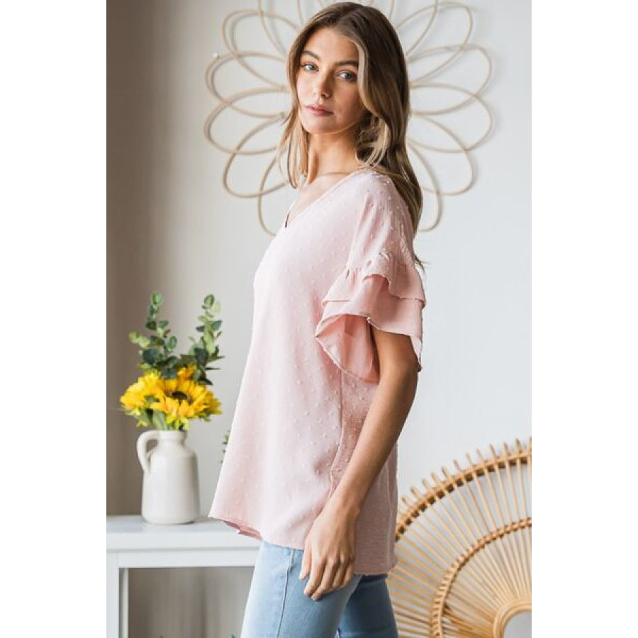 Heimish Full Size Swiss Dot Ruffle Short Sleeve Top Apparel and Accessories