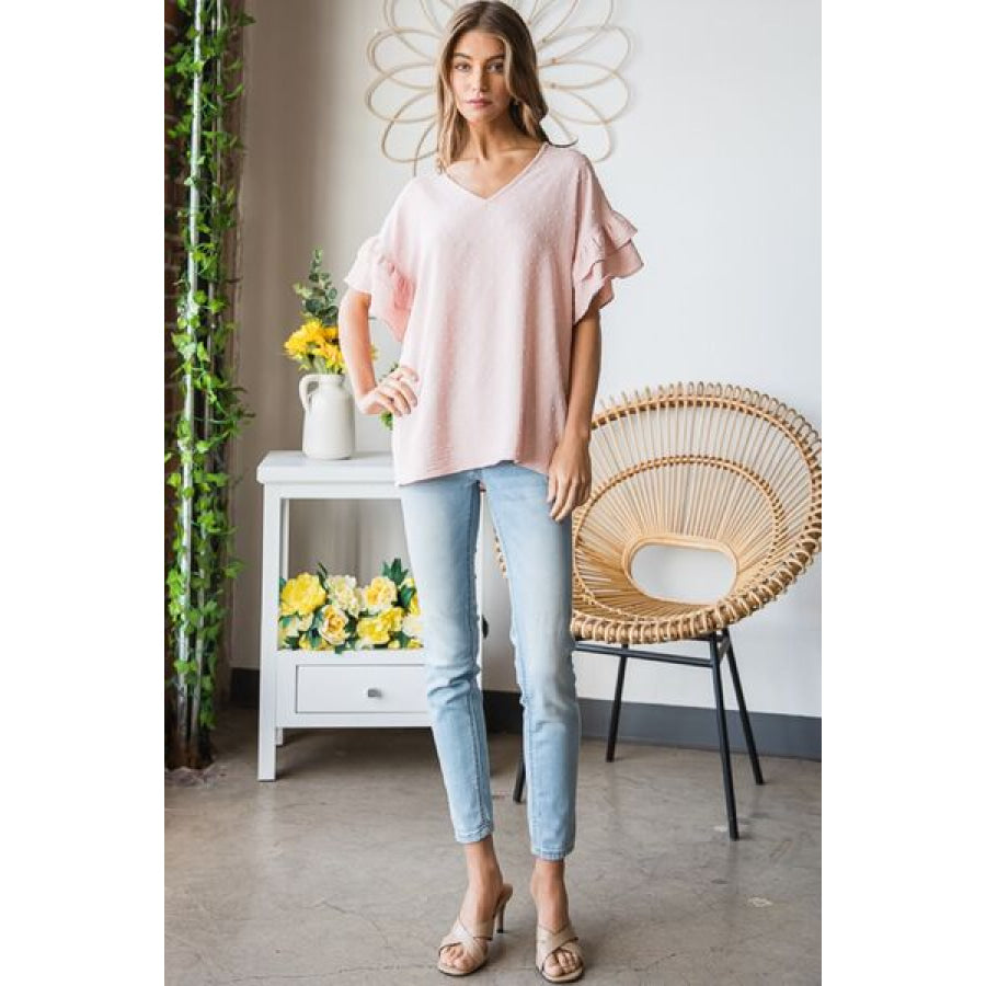 Heimish Full Size Swiss Dot Ruffle Short Sleeve Top Apparel and Accessories