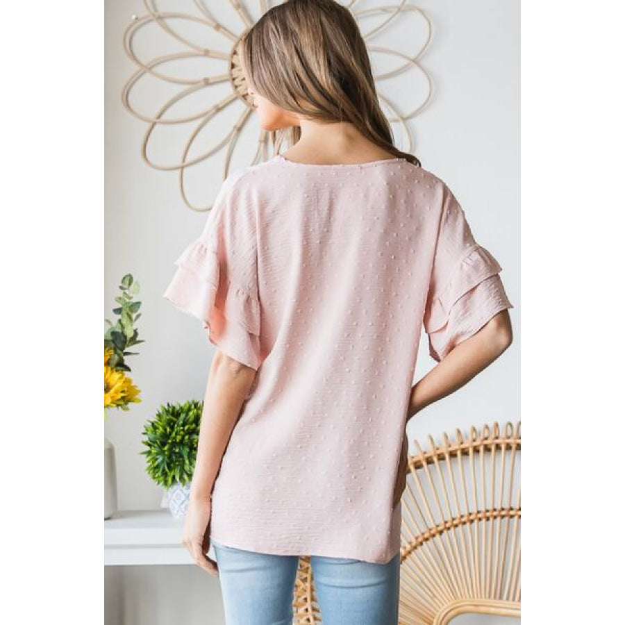 Heimish Full Size Swiss Dot Ruffle Short Sleeve Top DPeach / S Apparel and Accessories