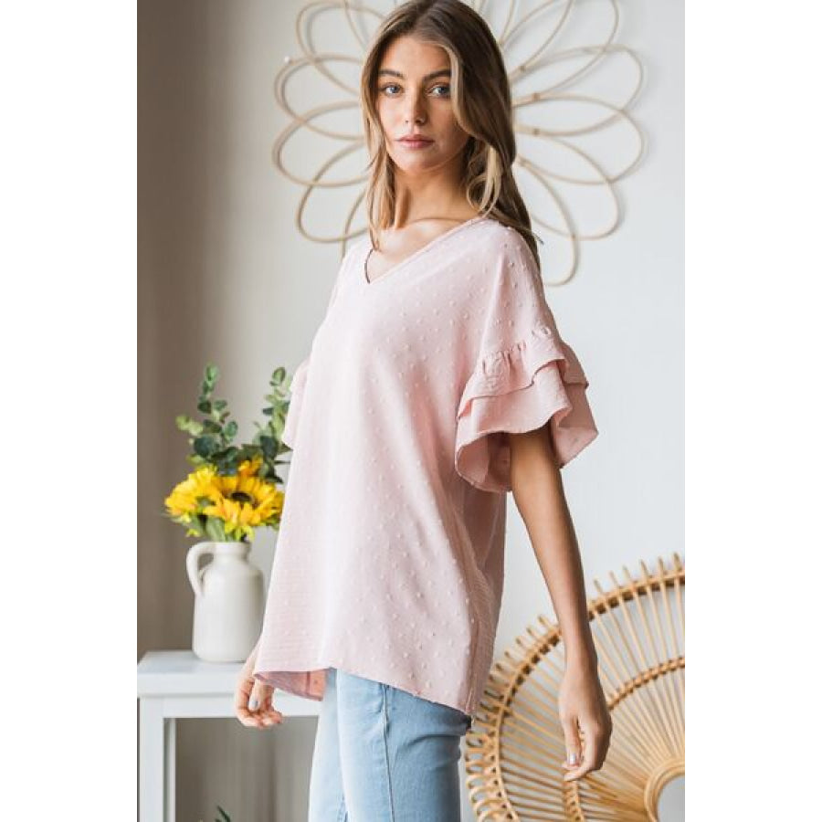 Heimish Full Size Swiss Dot Ruffle Short Sleeve Top Apparel and Accessories