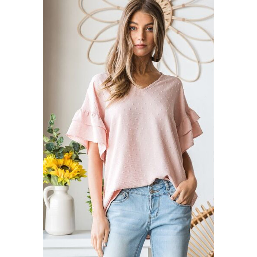 Heimish Full Size Swiss Dot Ruffle Short Sleeve Top Apparel and Accessories