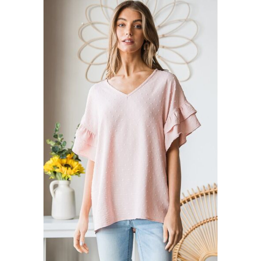 Heimish Full Size Swiss Dot Ruffle Short Sleeve Top Apparel and Accessories