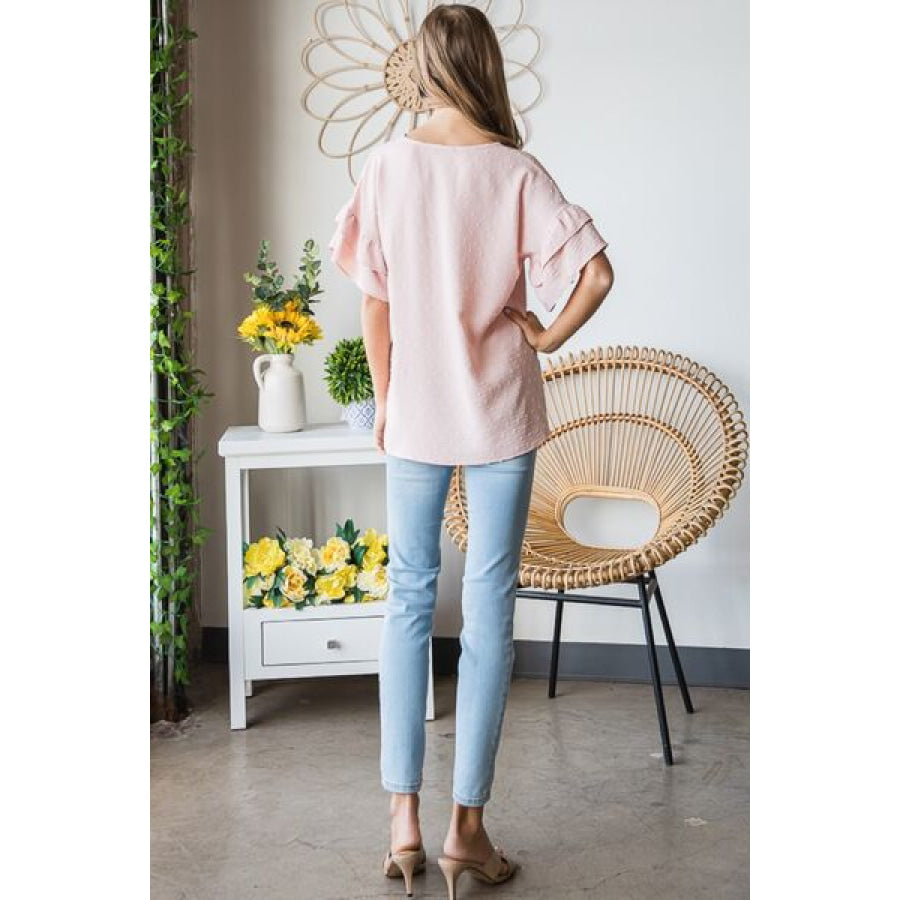 Heimish Full Size Swiss Dot Ruffle Short Sleeve Top Apparel and Accessories