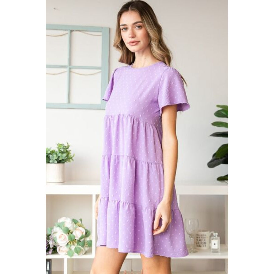 Heimish Full Size Swiss Dot Short Sleeve Tiered Dress Apparel and Accessories