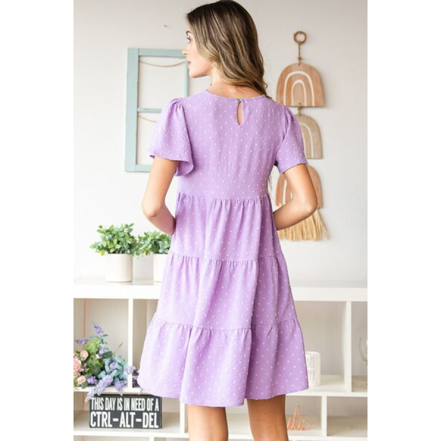 Heimish Full Size Swiss Dot Short Sleeve Tiered Dress LILAC / S Apparel and Accessories