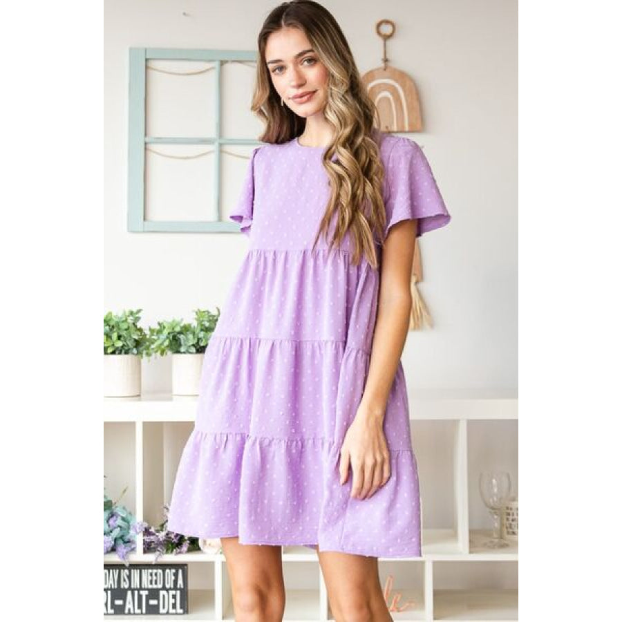 Heimish Full Size Swiss Dot Short Sleeve Tiered Dress Apparel and Accessories