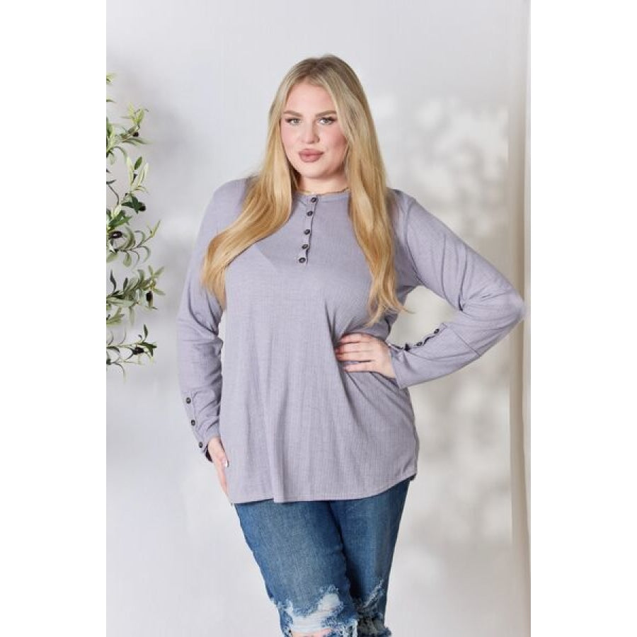 Heimish Full Size Texture Half Button Long Sleeve Top Purple Vintage / S Clothing