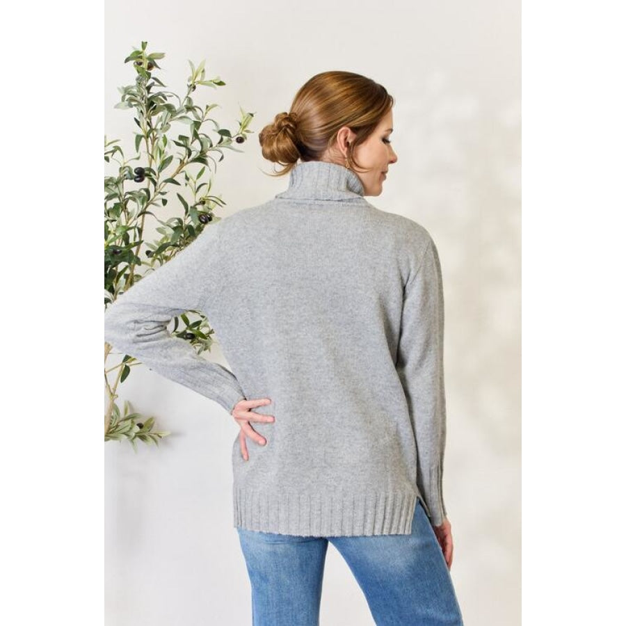 Heimish Full Size Turtleneck Long Sleeve Slit Sweater GREY / S/M