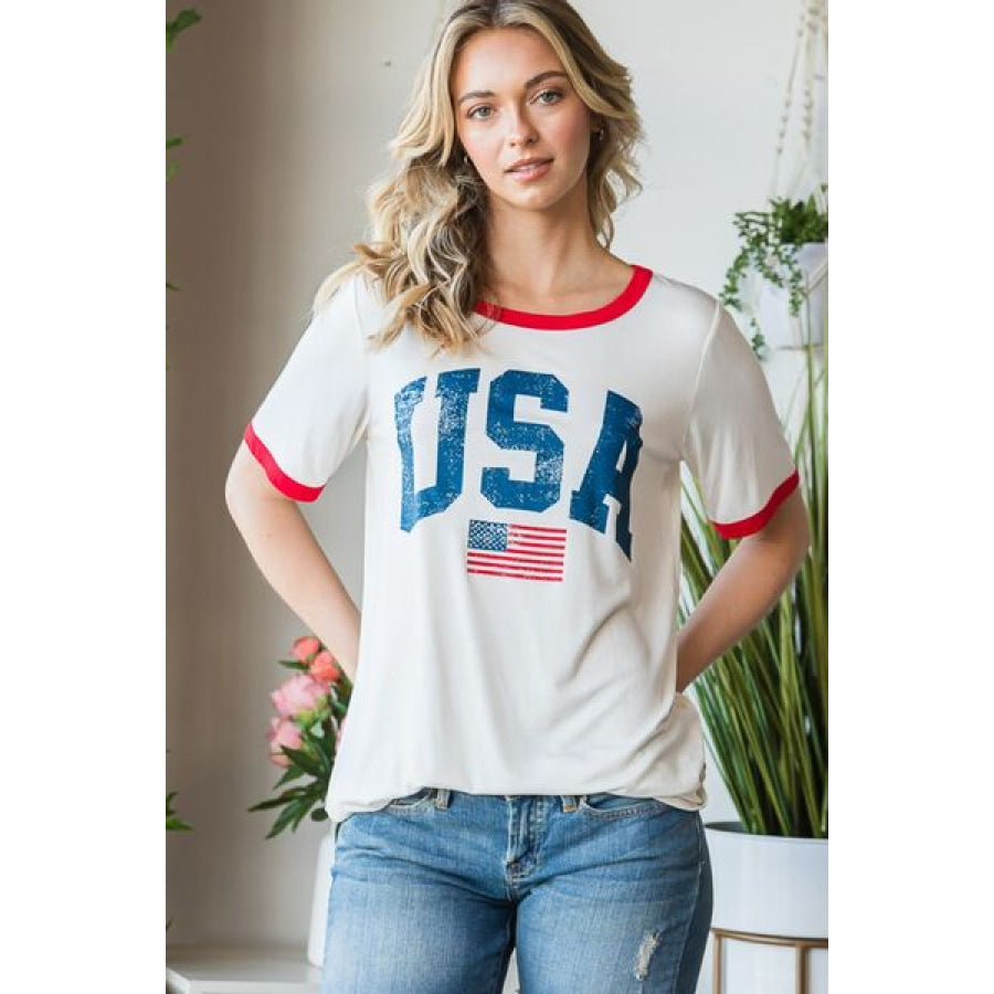 Heimish Full Size USA Contrast Trim Short Sleeve T - Shirt Apparel and Accessories