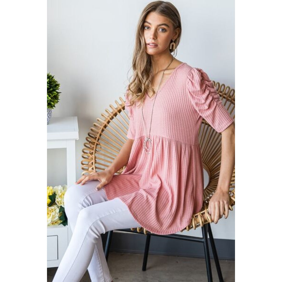 Heimish Full Size Waffle Knit V-Neck Babydoll Top ROSE / S Apparel and Accessories