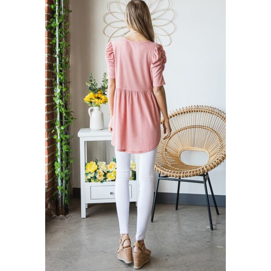 Heimish Full Size Waffle Knit V-Neck Babydoll Top Apparel and Accessories