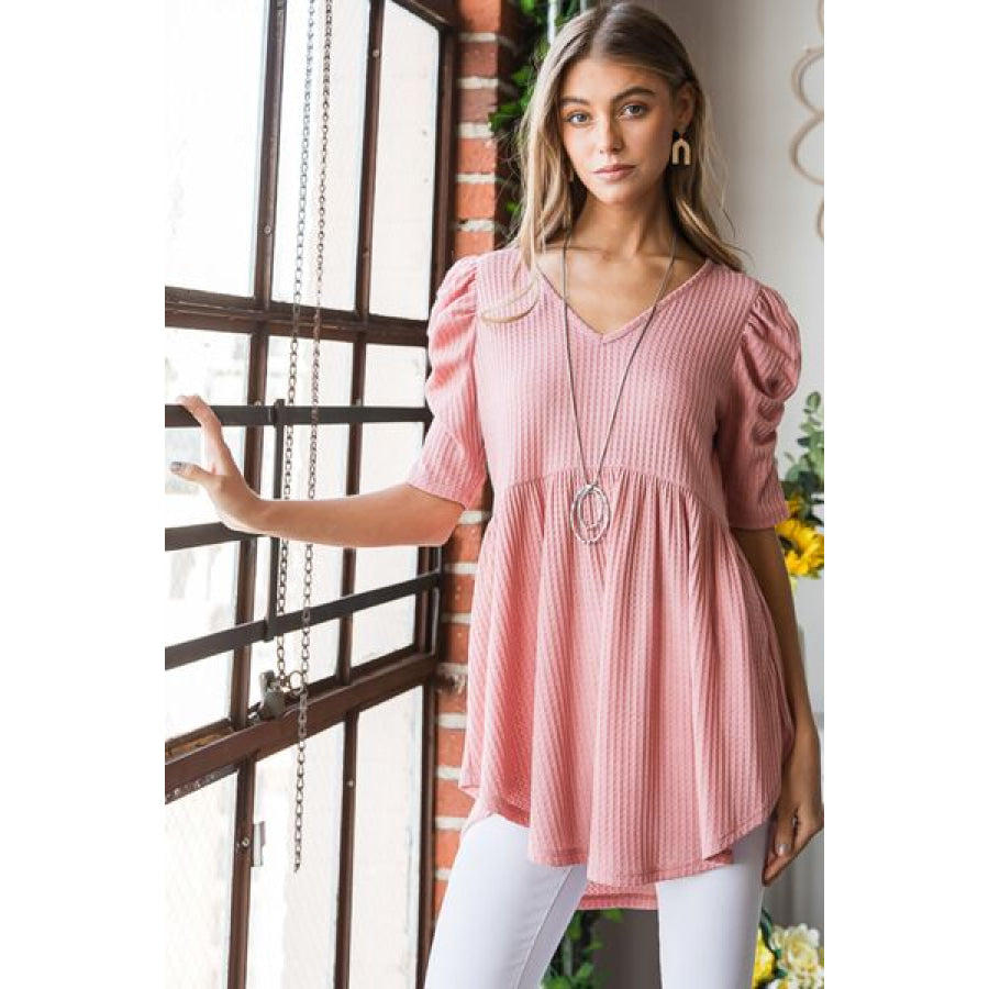 Heimish Full Size Waffle Knit V-Neck Babydoll Top Apparel and Accessories