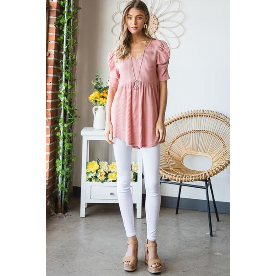 Heimish Full Size Waffle Knit V-Neck Babydoll Top Apparel and Accessories