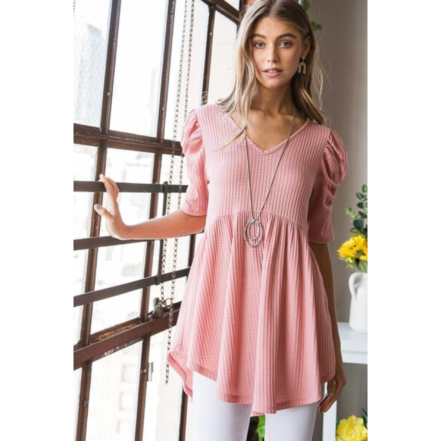 Heimish Full Size Waffle Knit V-Neck Babydoll Top ROSE / S Apparel and Accessories