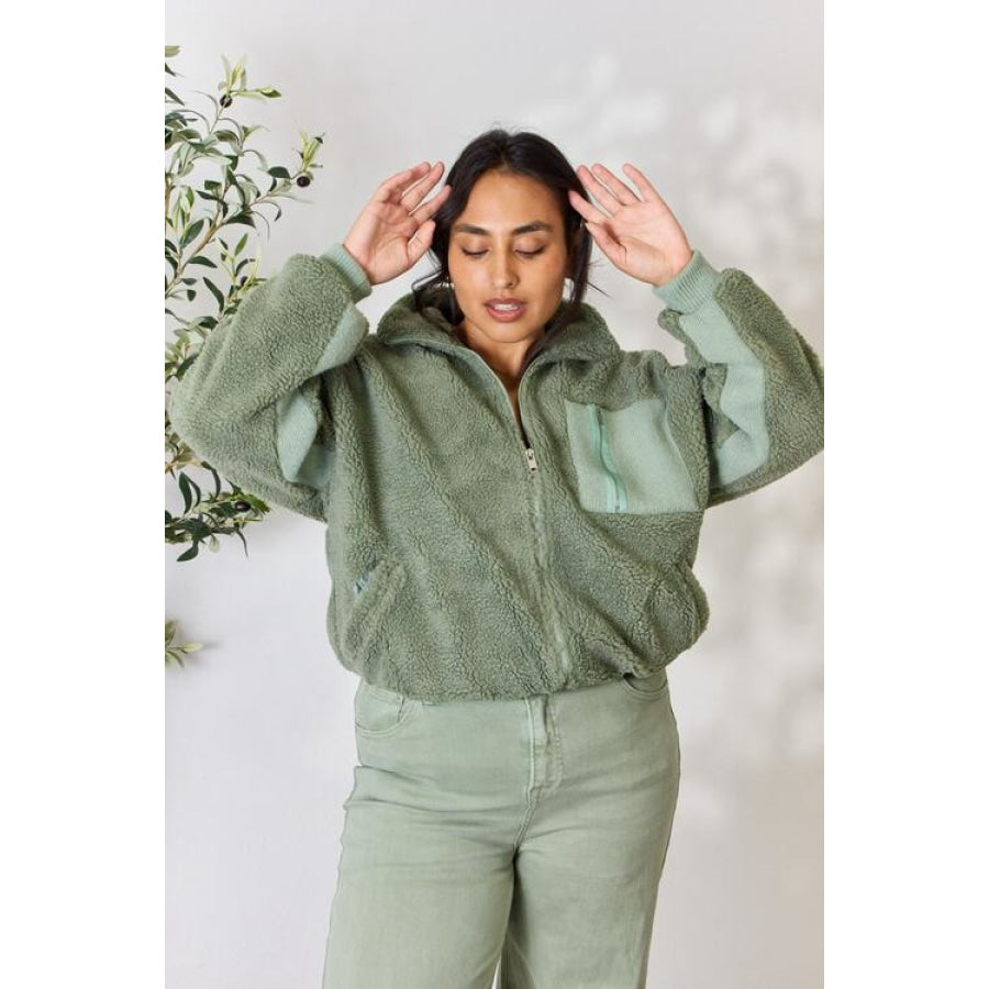Heimish Full Size Zip Up Collared Neck Jacket Sage / S Apparel and Accessories