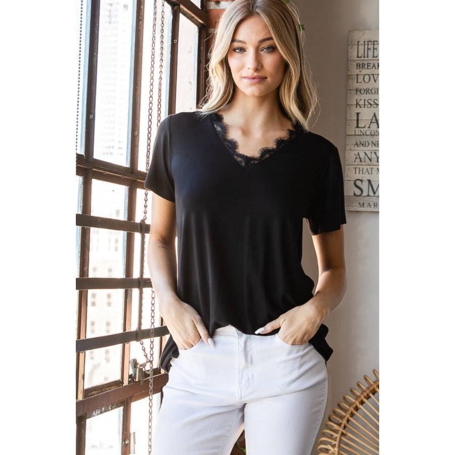 Heimish Lace Detail V-Neck Short Sleeve T-Shirt Apparel and Accessories