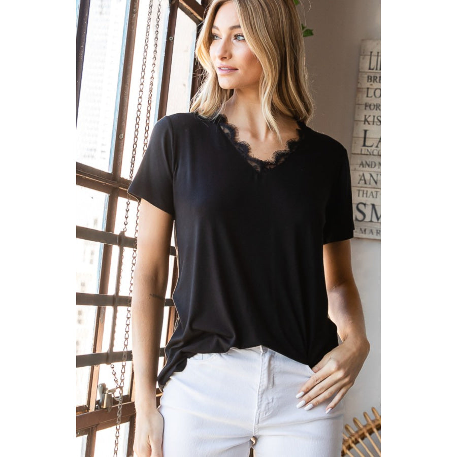 Heimish Lace Detail V-Neck Short Sleeve T-Shirt Apparel and Accessories