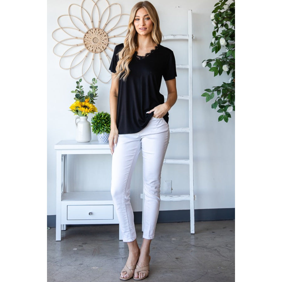 Heimish Lace Detail V-Neck Short Sleeve T-Shirt Apparel and Accessories