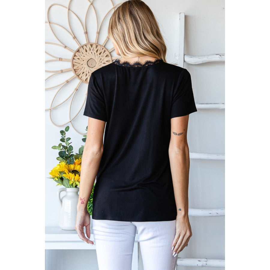 Heimish Lace Detail V-Neck Short Sleeve T-Shirt BLACK / S Apparel and Accessories