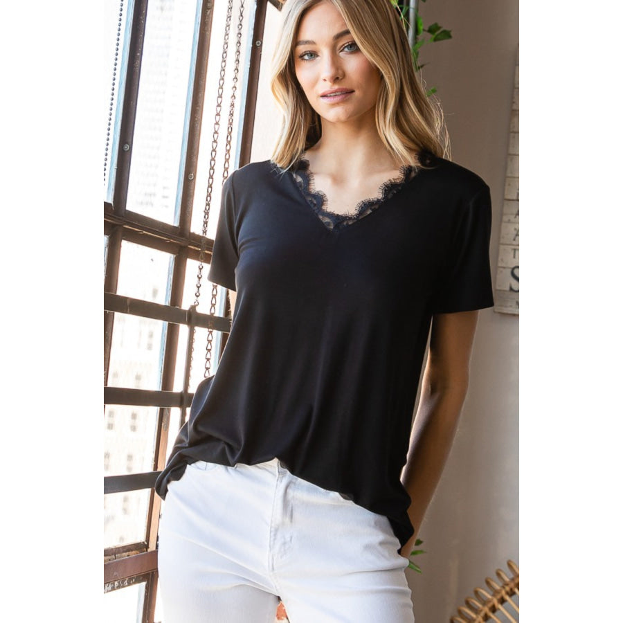 Heimish Lace Detail V-Neck Short Sleeve T-Shirt BLACK / S Apparel and Accessories