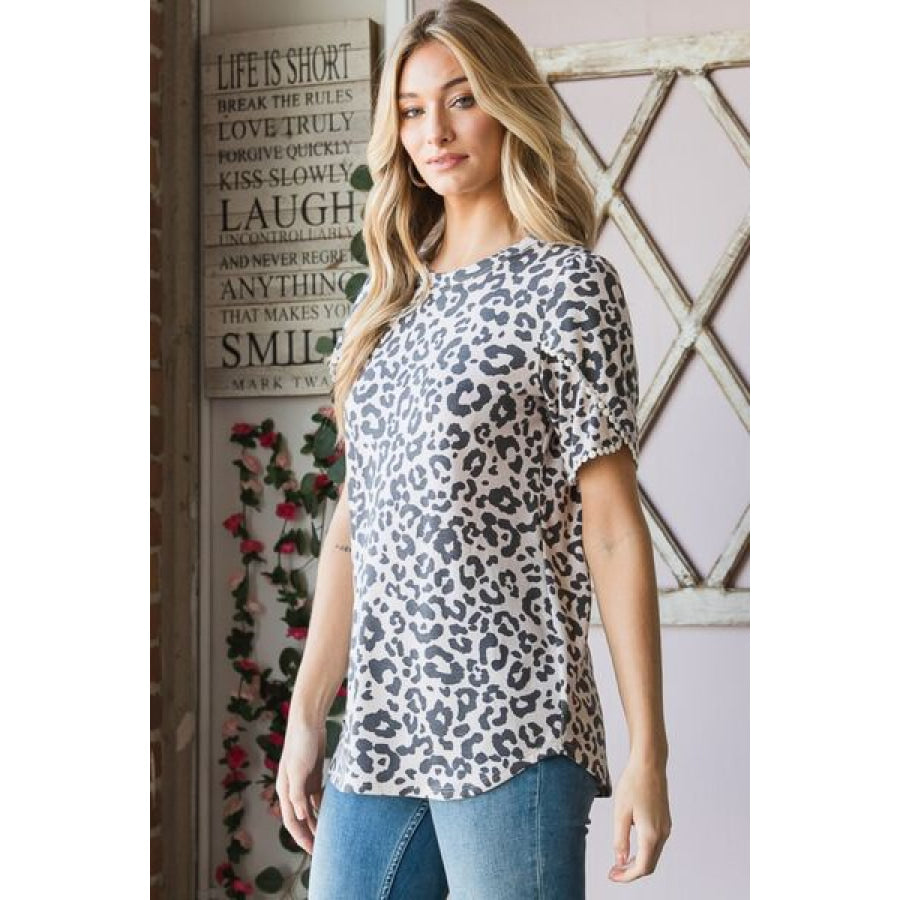 Heimish Leopard Round Neck Petal Sleeve T - Shirt Apparel and Accessories