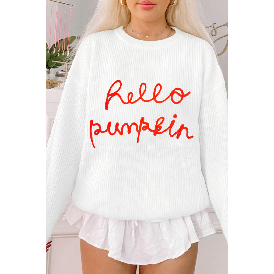 HELLO PUMPKIN Round Neck Long Sleeve Sweater Apparel and Accessories