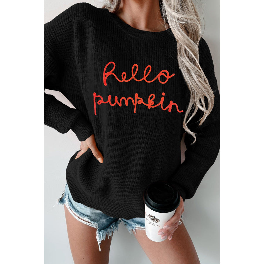 HELLO PUMPKIN Round Neck Long Sleeve Sweater Black / S Apparel and Accessories