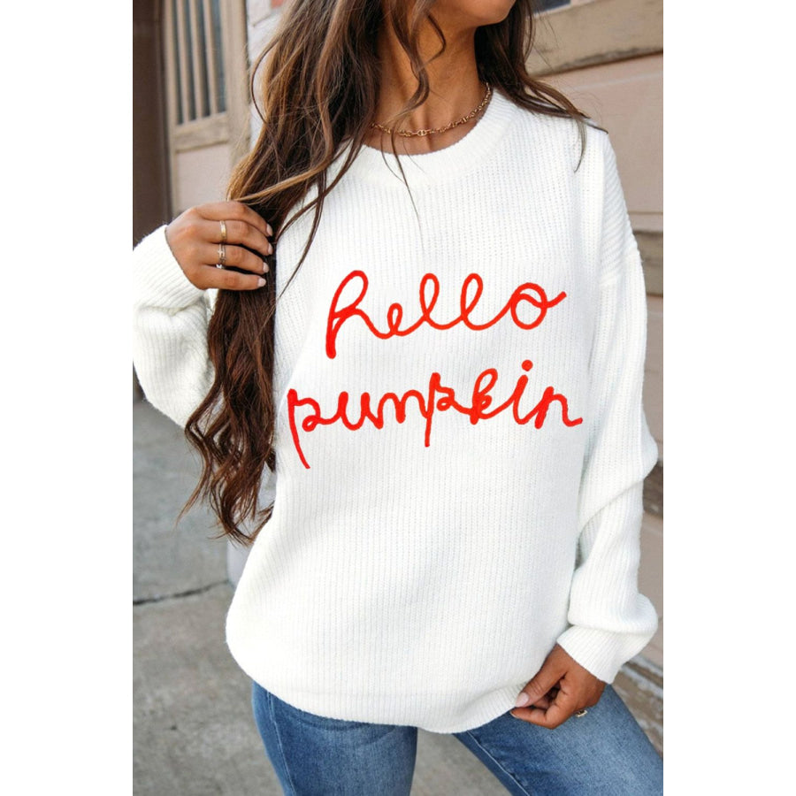 HELLO PUMPKIN Round Neck Long Sleeve Sweater White / S Apparel and Accessories