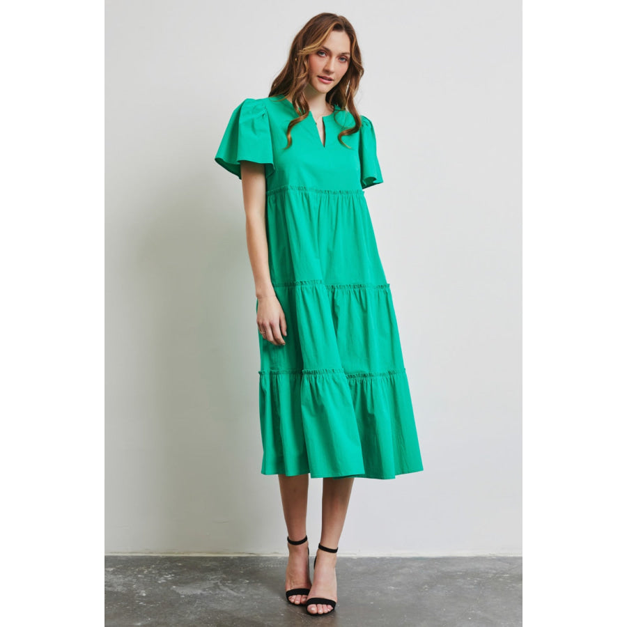 HEYSON Full Size Cotton Poplin Ruffled Tiered Midi Dress Apparel and Accessories