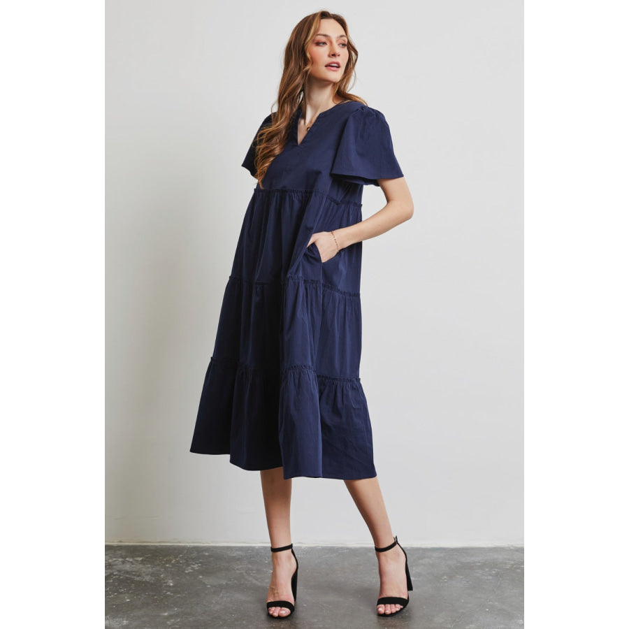 HEYSON Full Size Cotton Poplin Ruffled Tiered Midi Dress Apparel and Accessories