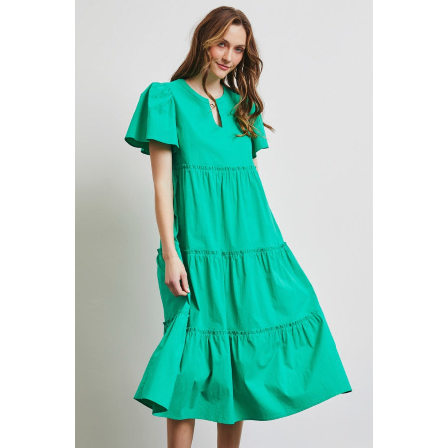 HEYSON Full Size Cotton Poplin Ruffled Tiered Midi Dress Emerald Green / S Apparel and Accessories